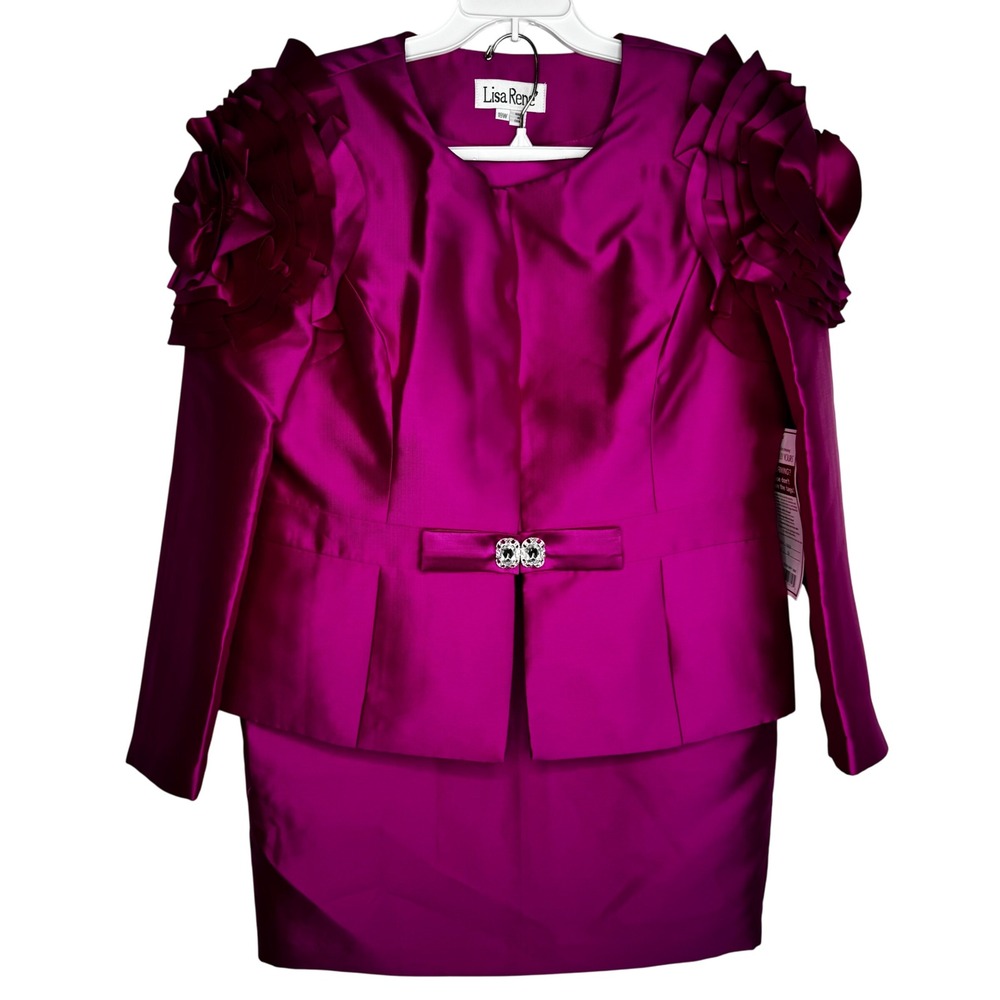 Lisa Rene Maximalist‎ Magenta Pink Skirt Suit Set Sz 18W Ruffled Shoulders 1980s